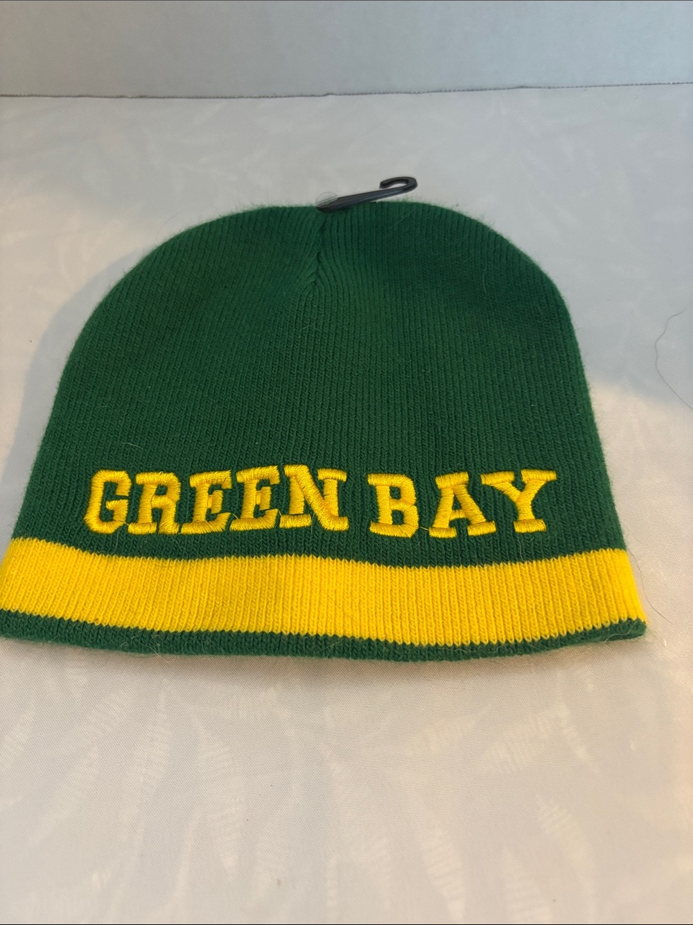Kids Green Knit Beanie with Yellow Stripe - 'GREEN BAY' Embroidery